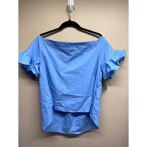 TIMING Off Shoulder Ruffle Sleeve Top‎ Blue Cotton Square Neck Women's Large